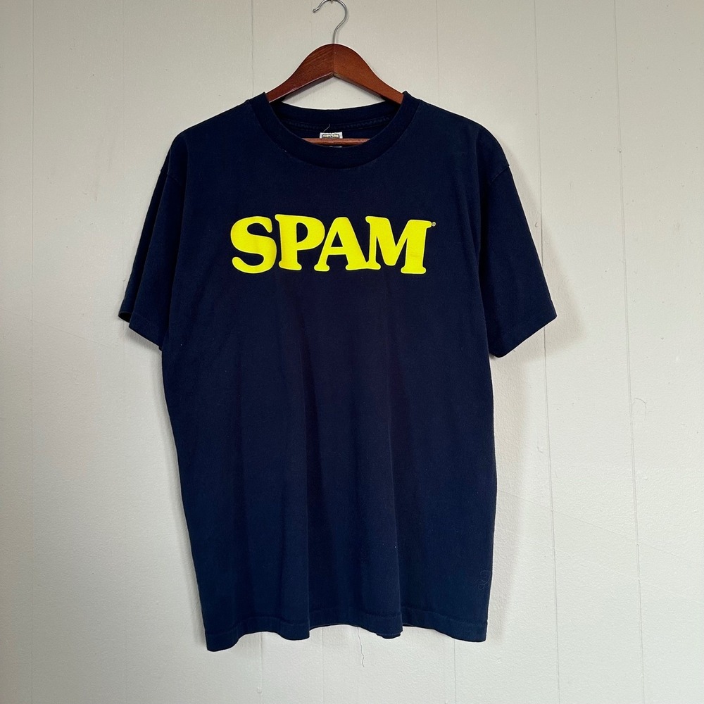 Vintage 90s Spam T-Shirt Size L Navy Blue Promo Graphic